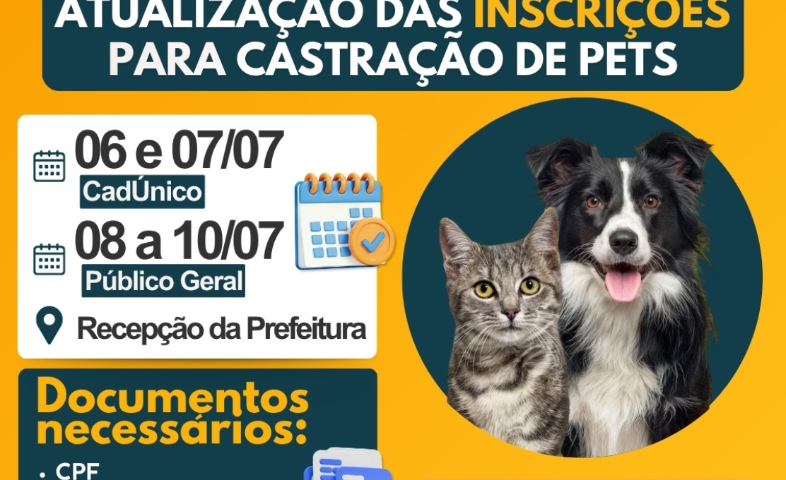 Atualização da inscrições para a castração de cães e gatos!
