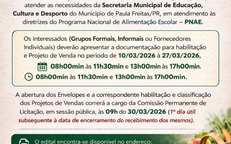 Licitação para aquisição de gêneros alimentícios da Agricultura Familiar