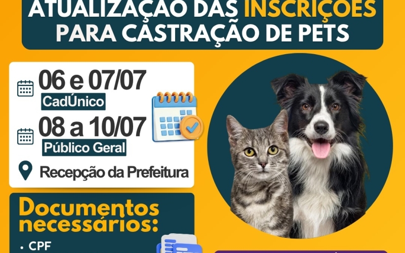 Atualização da inscrições para a castração de cães e gatos!
